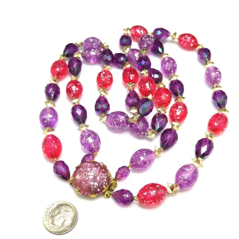West Germany Glitter Beaded Necklace, Molded Plastic Purple Pink Beads, 1950s